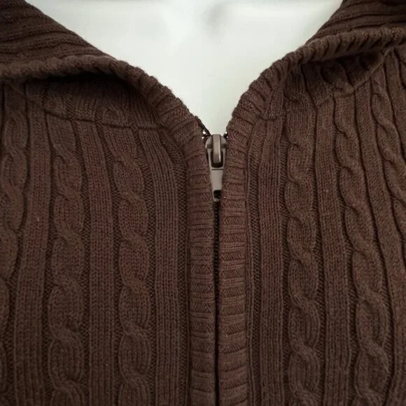 Womens Brown Ribbed Cable Knit Hooded Sweater Small Zip Dark Academia 90s Y2K - Picture 2 of 9